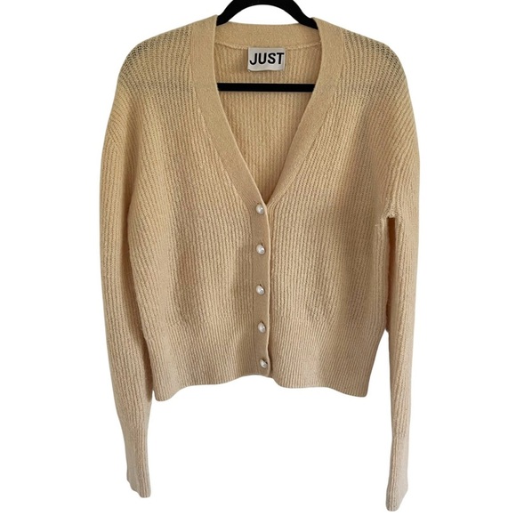Just Female Light Yellow Rebelo Wool Alpaca Pearl V Neck Cardigan Sweater Large - Picture 2 of 10